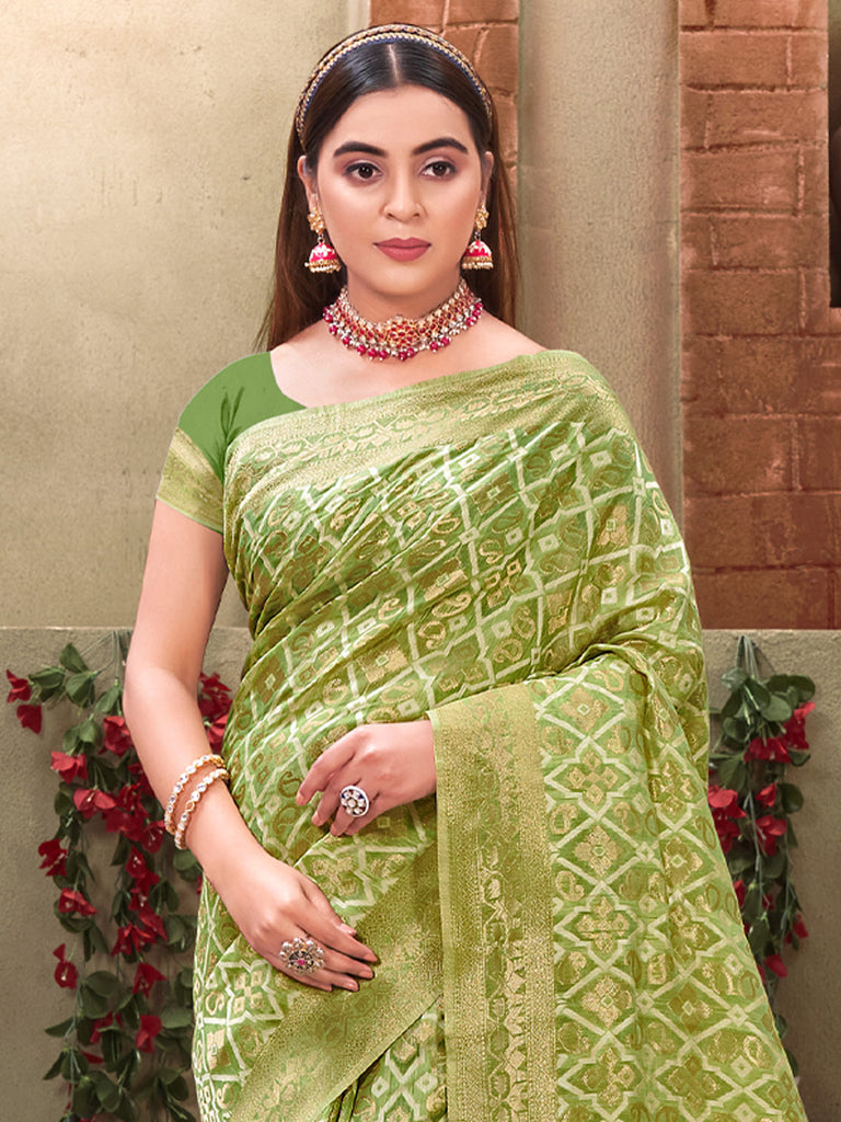 Women's Light Green Cotton Woven Work Traditional Tassle Saree