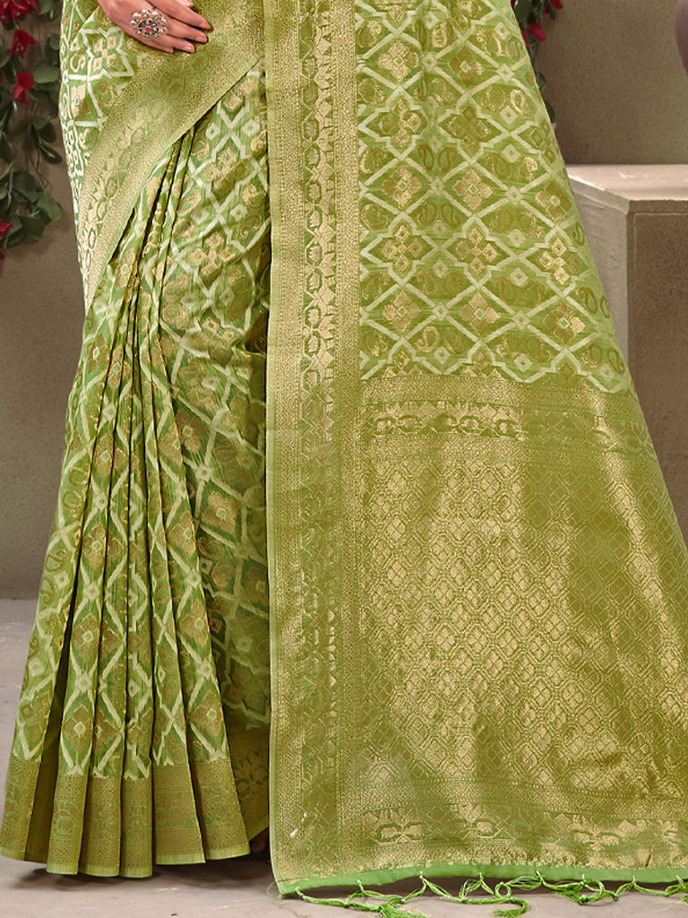 Women's Light Green Cotton Woven Work Traditional Tassle Saree