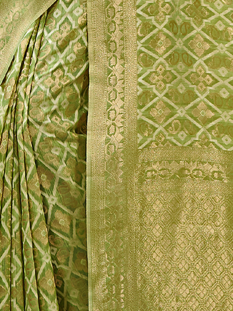 Women's Light Green Cotton Woven Work Traditional Tassle Saree