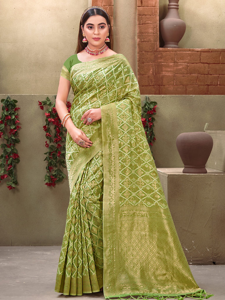 Women's Light Green Cotton Woven Work Traditional Tassle Saree