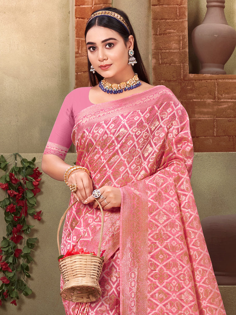 Women's Pink Cotton Woven Work Traditional Tassle Saree