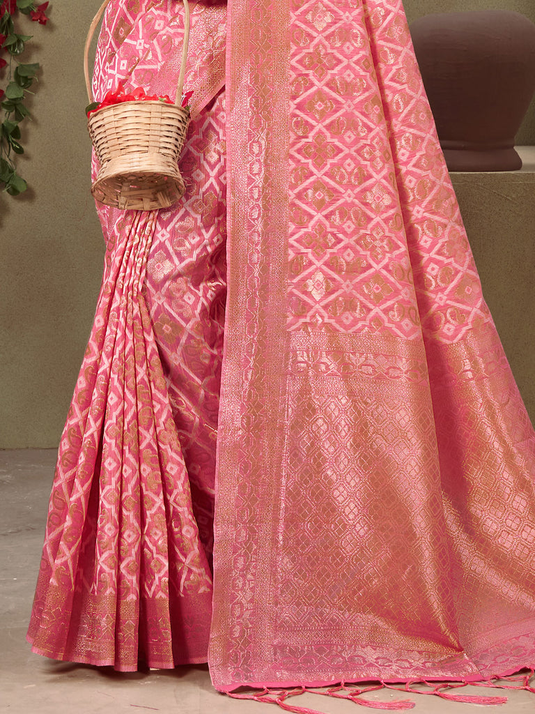 Women's Pink Cotton Woven Work Traditional Tassle Saree