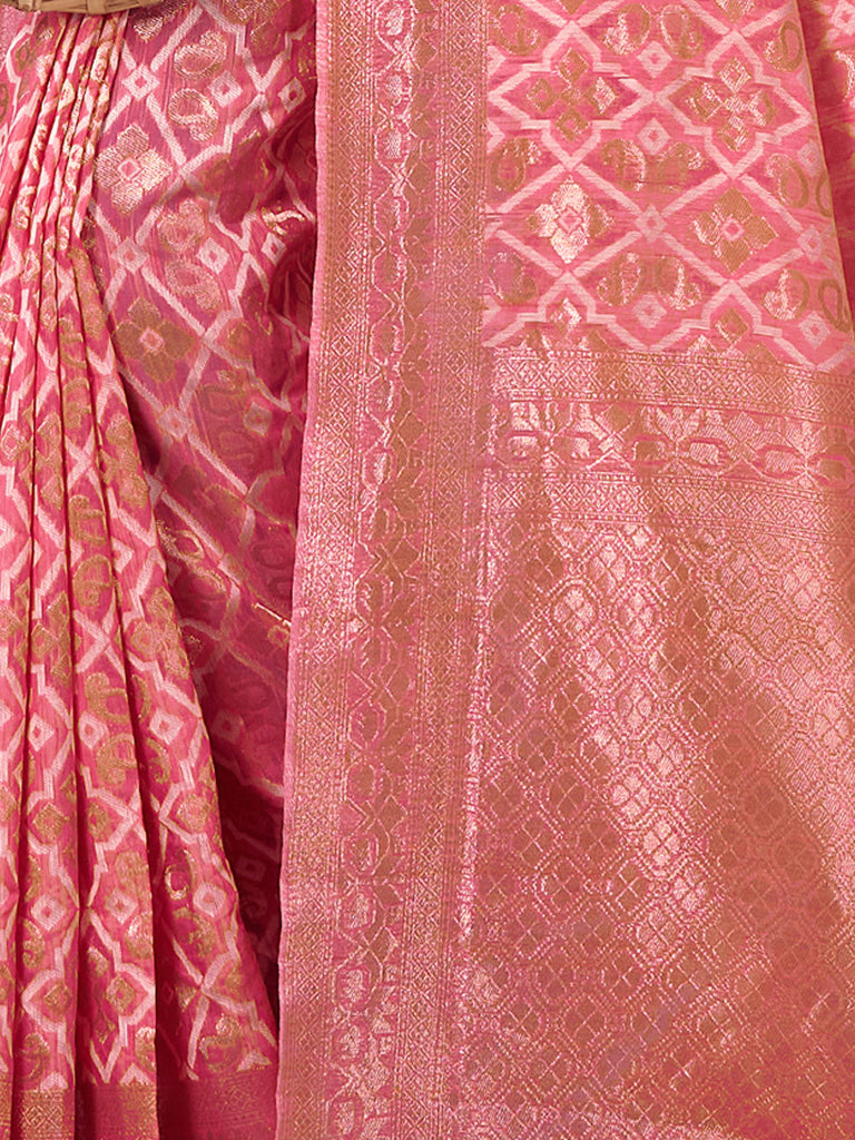 Women's Pink Cotton Woven Work Traditional Tassle Saree