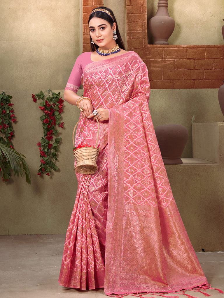 Women's Pink Cotton Woven Work Traditional Tassle Saree