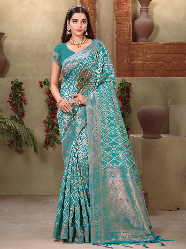 Women's Sky Blue Cotton Woven Work Traditional Tassle Saree