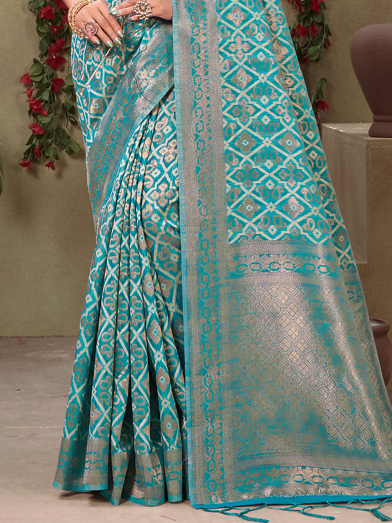 Women's Sky Blue Cotton Woven Work Traditional Tassle Saree