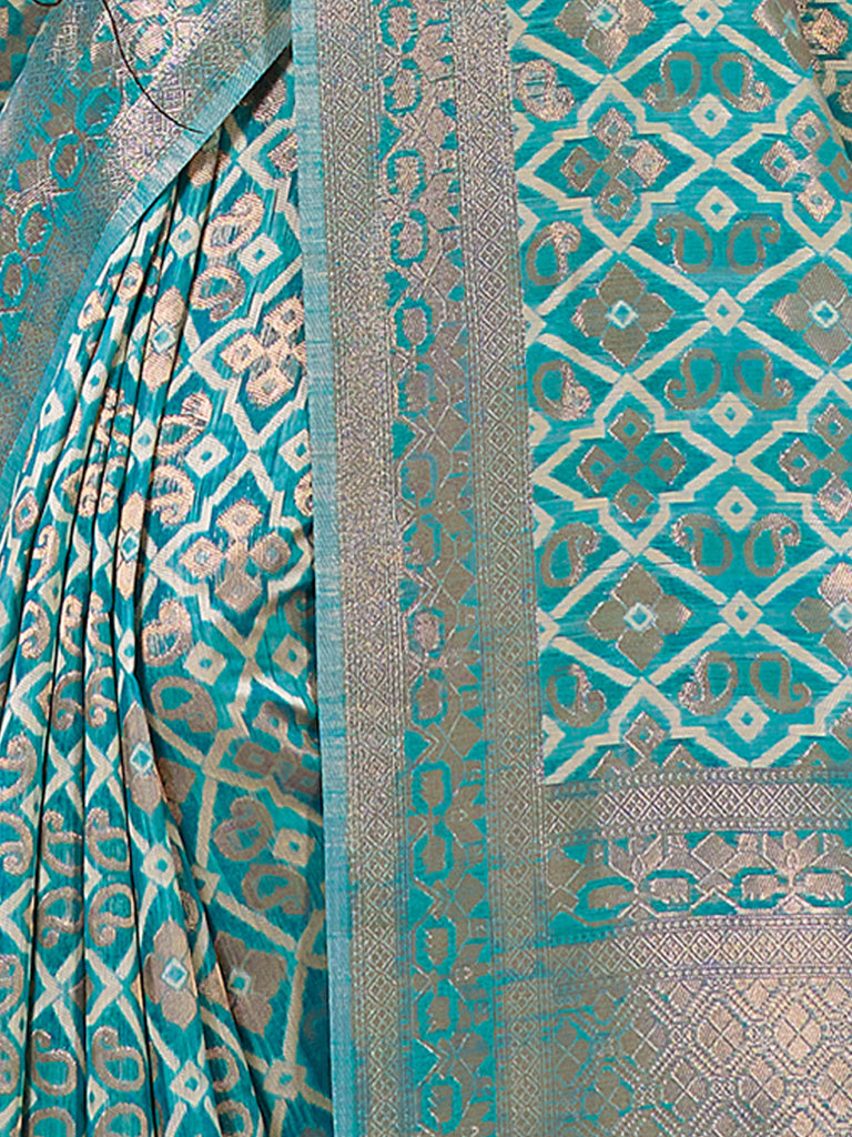 Women's Sky Blue Cotton Woven Work Traditional Tassle Saree