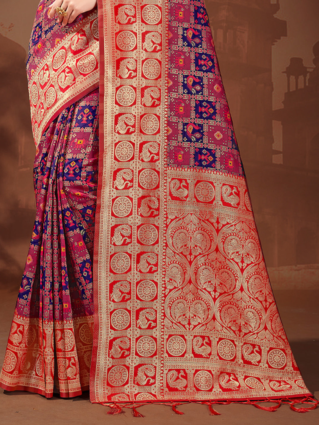 Women's Multi Color Patola Silk Resham Dori Work Traditional Tassle Saree - Sangam Prints