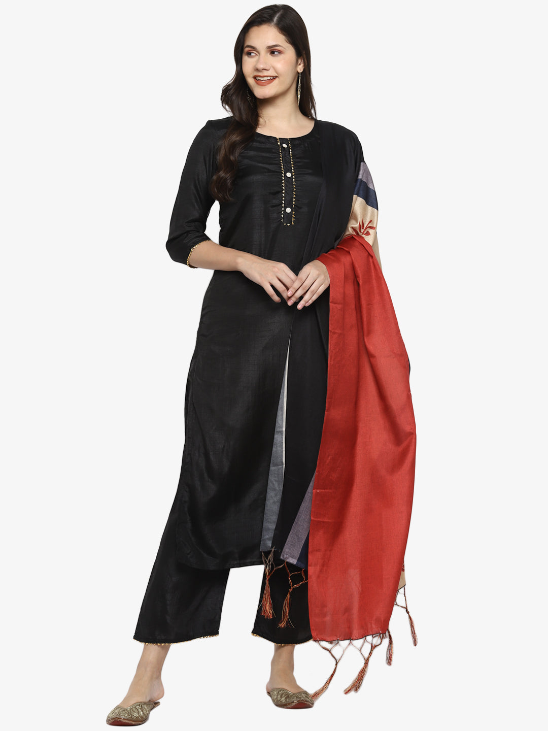 Women's Black Color Silk Blend Straight Kurta Palazzo With Dupatta - VAABA