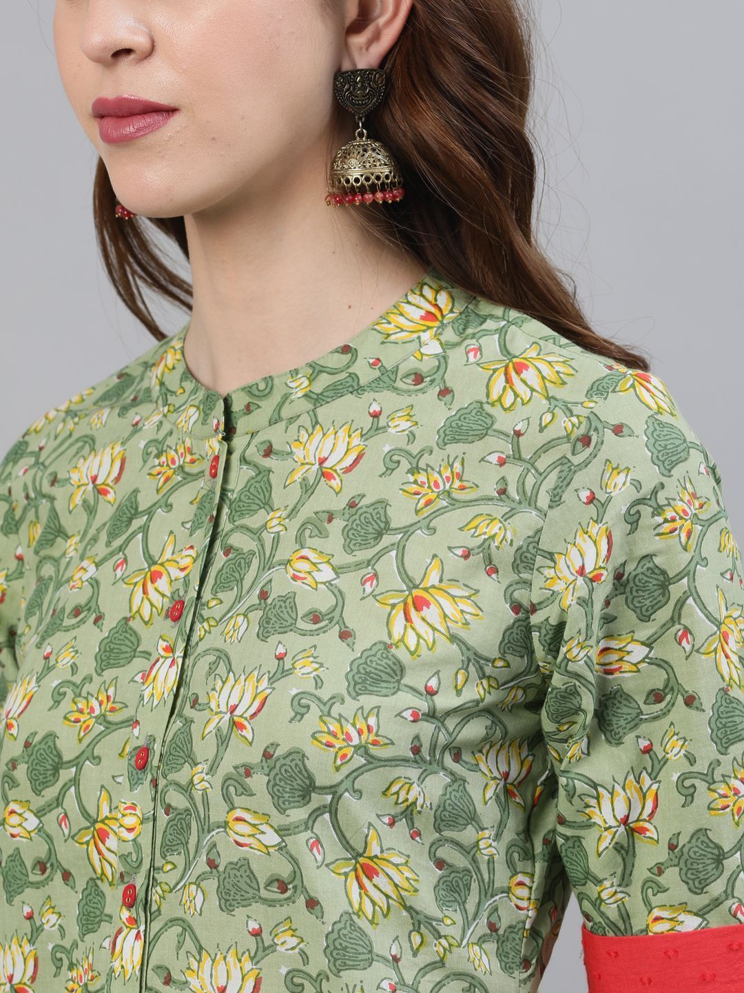 Women's Green Floral Printed Button Down Kurta - AKS