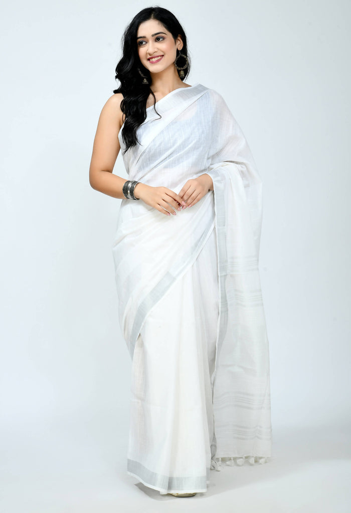 Women's Bhagalpuri Handloom Cotton White Color Saree Mfsaree_027
