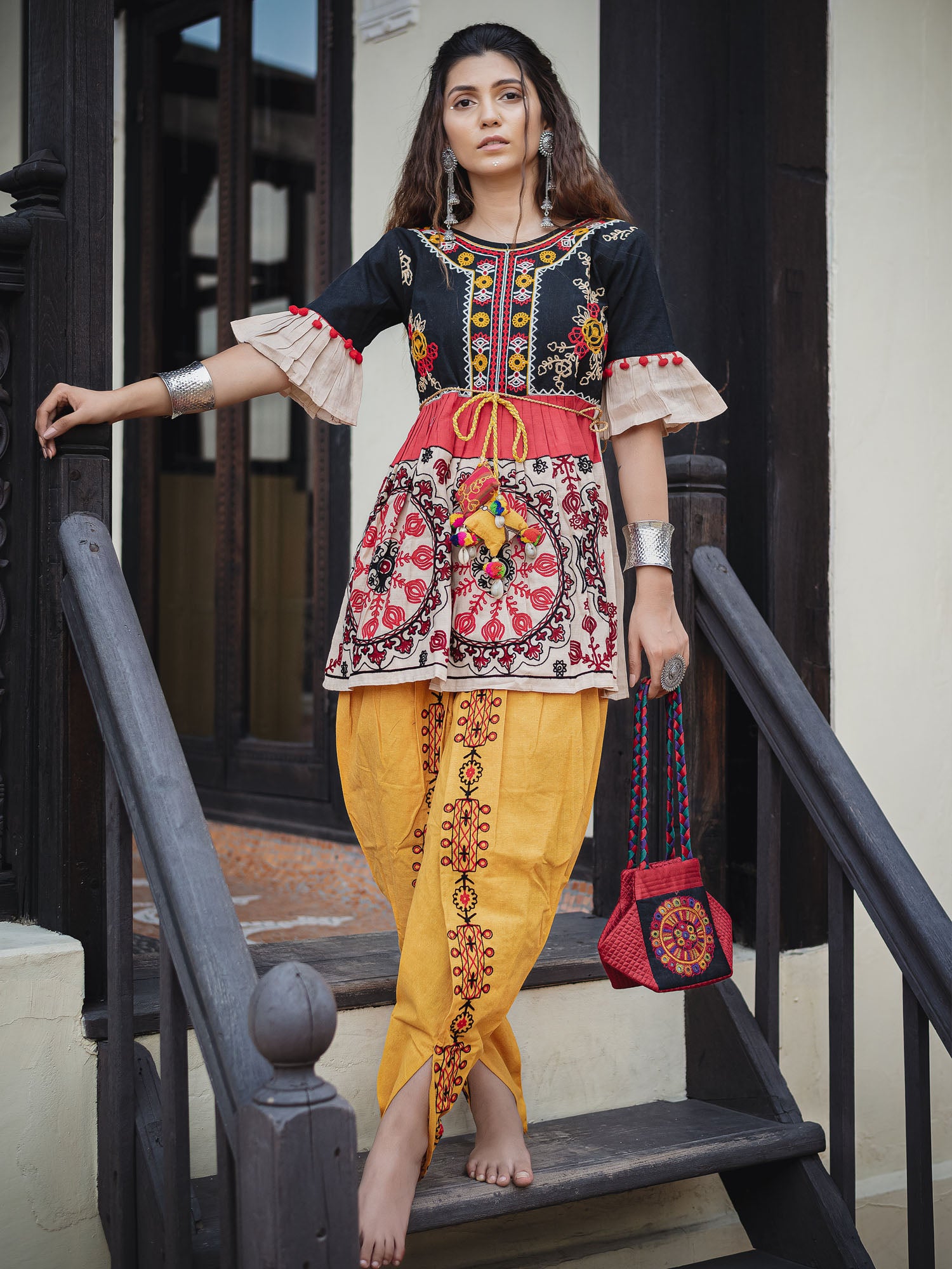 Women's Black and beige circular embroidered kedia with yellow tulip pant - MESMORA FASHION