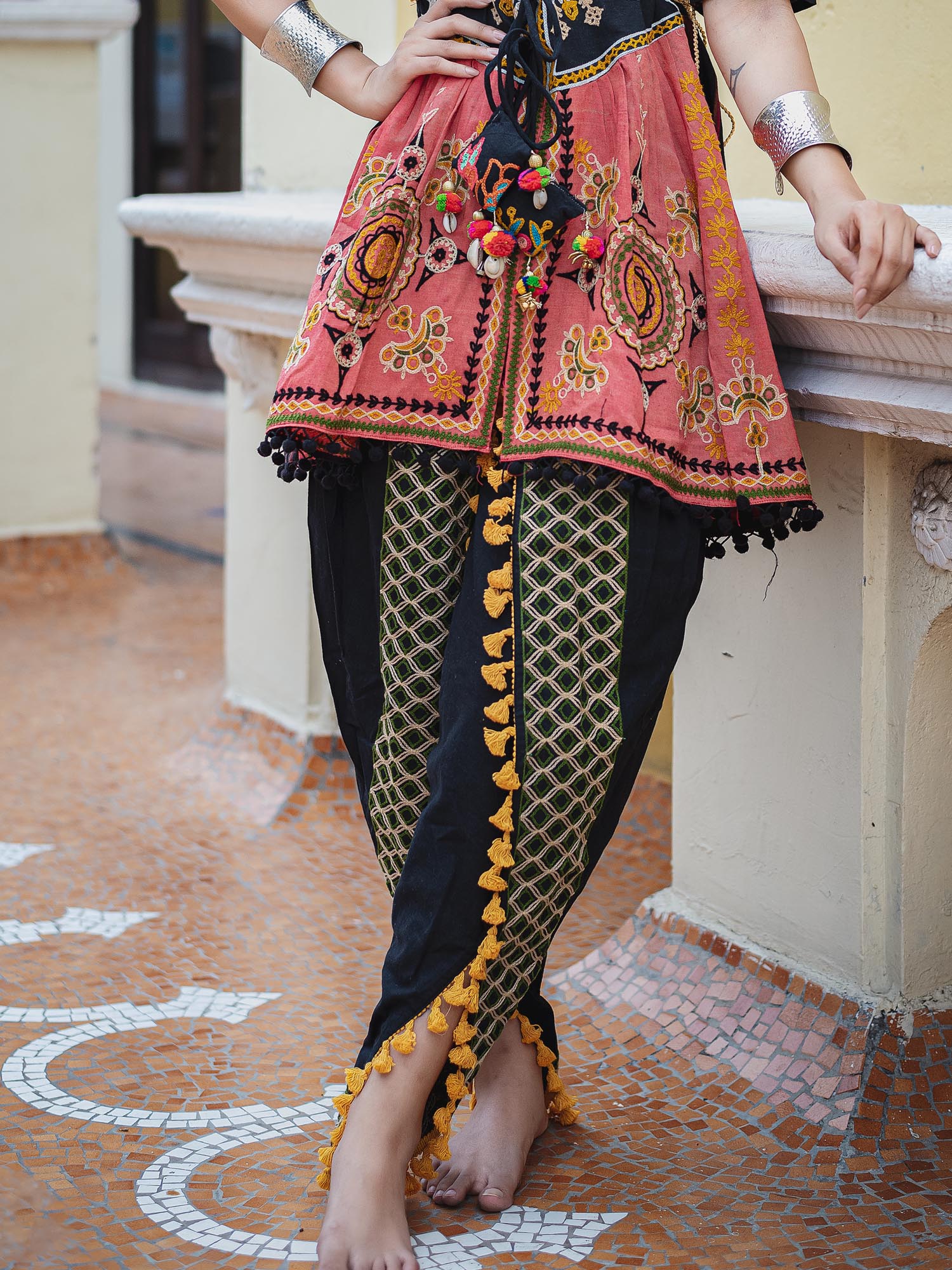 Women's Black maharani yoke embroidered colorful kedia with black tulip pant - MESMORA FASHION