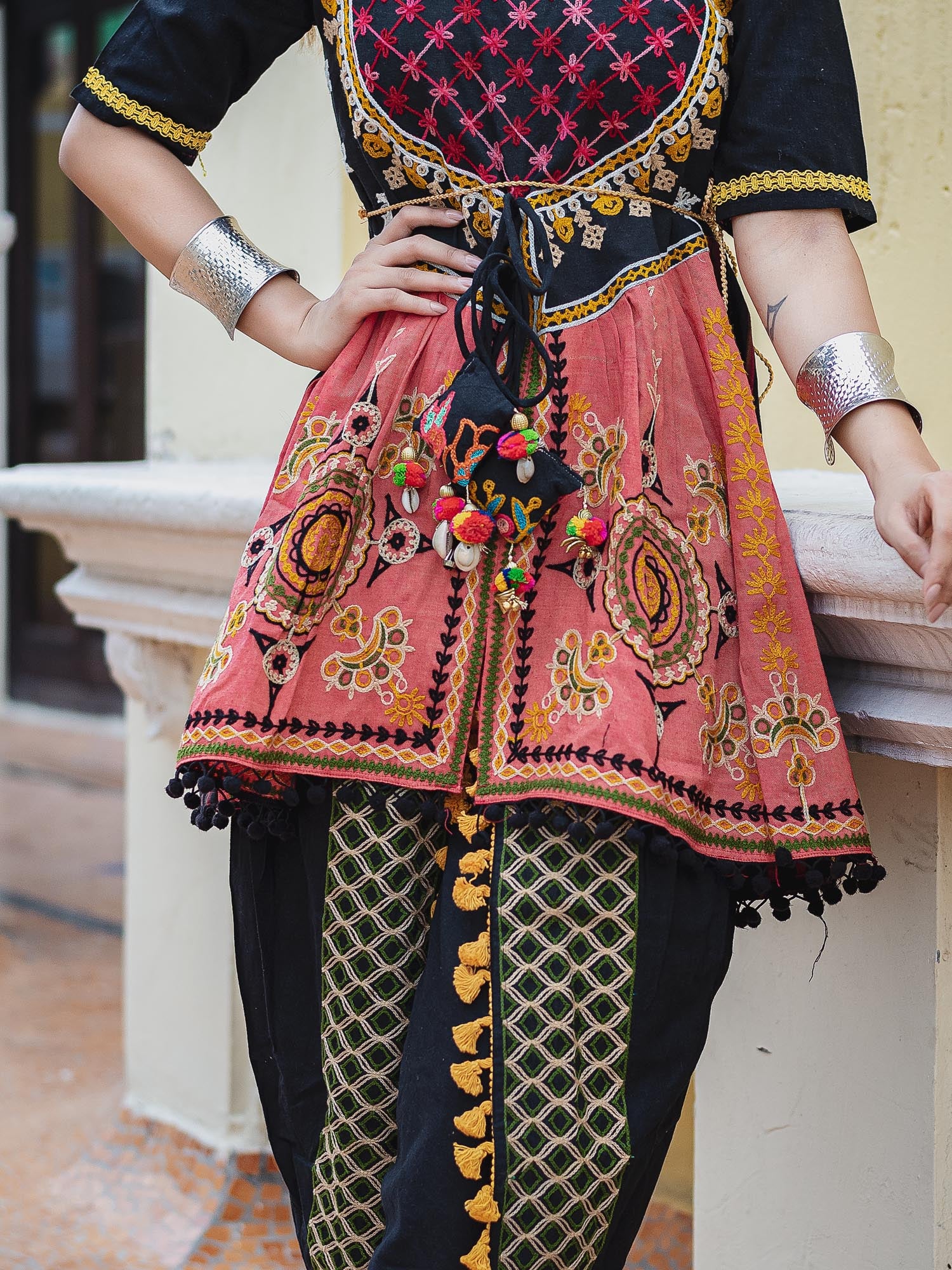 Women's Black maharani yoke embroidered colorful kedia with black tulip pant - MESMORA FASHION