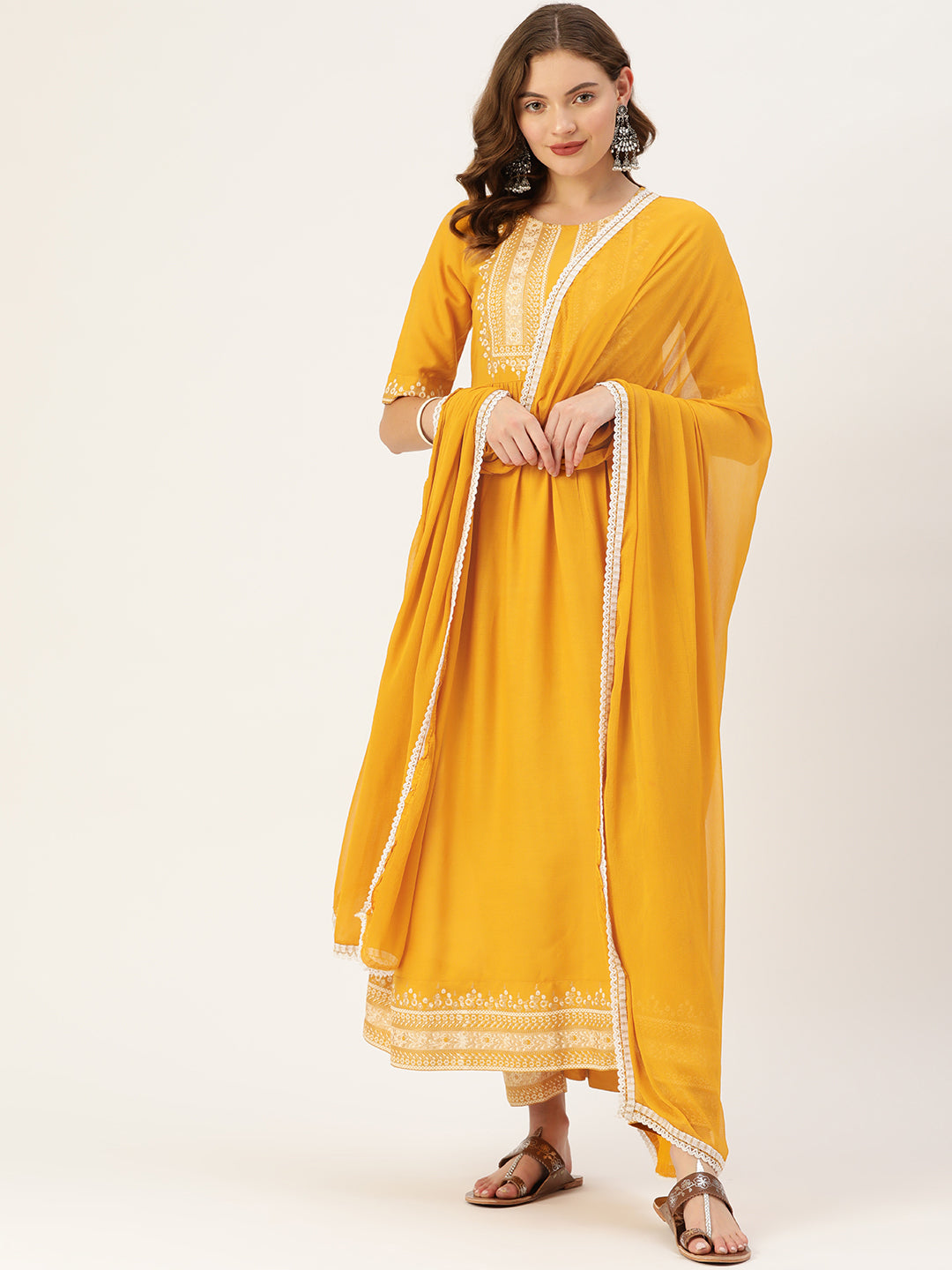 Women's Yellow Rayon Panelled Printed A-Line Kurta Trouser Set With Dupatta - VAABA
