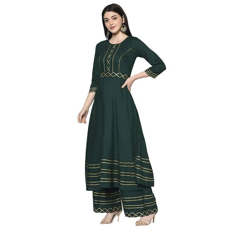 Women Bottle Green Rayon Anarkali Kurta with Palazzo by Aniyah (