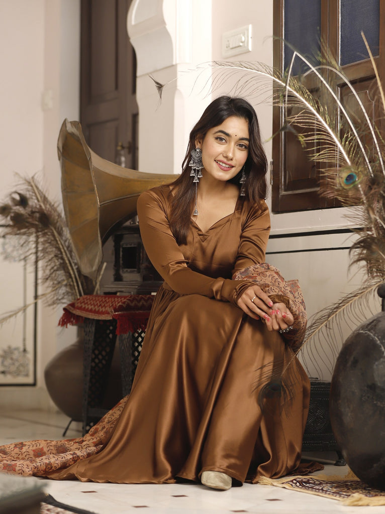 Women's Brown Silk Anarkali Set Brown / S | Trendia Global Women's Brown Silk Anarkali Set Brown / S | Trendia Global