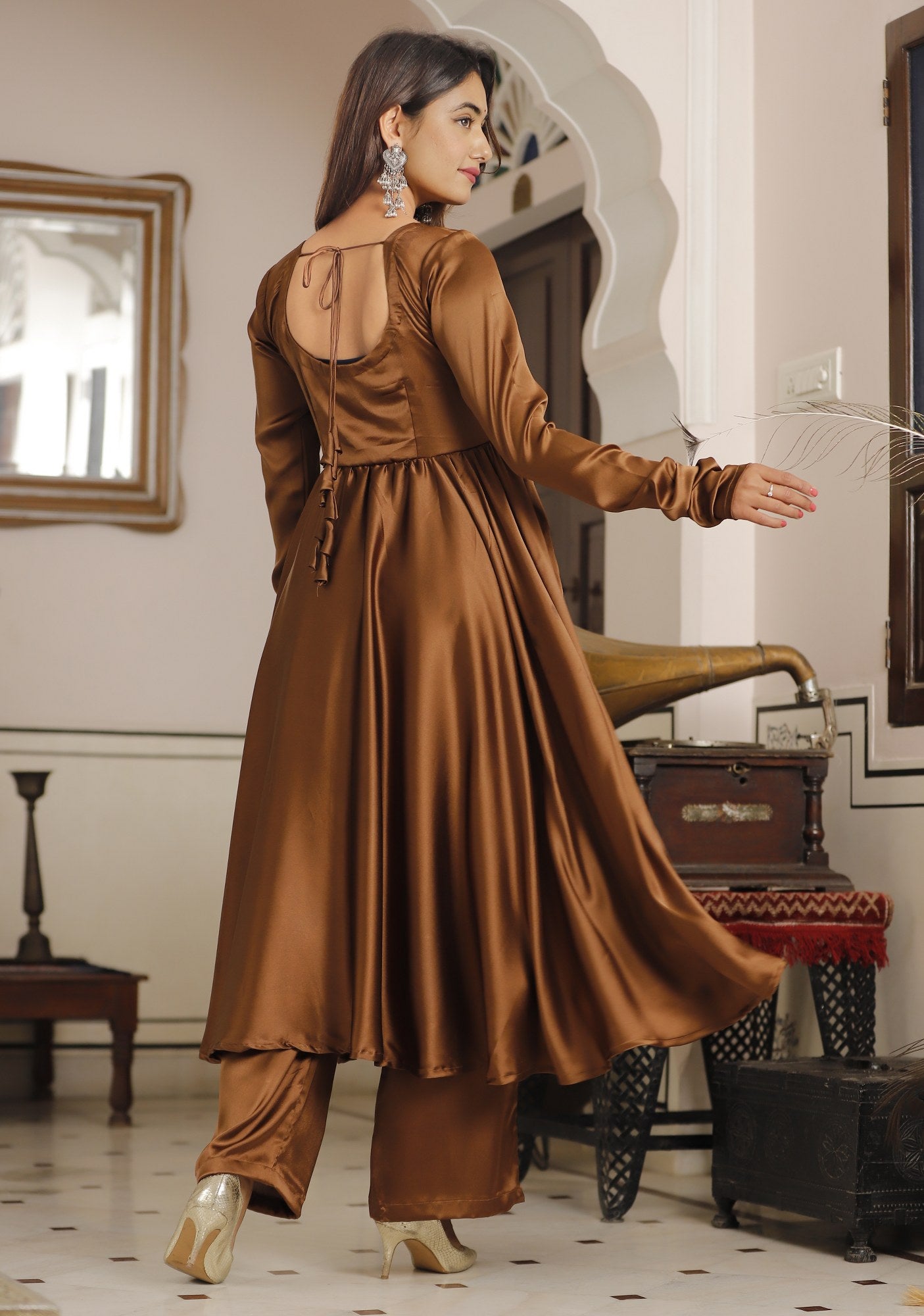 Women's Brown Silk Anarkali Set Brown / S | Trendia Global Women's Brown Silk Anarkali Set Brown / S | Trendia Global