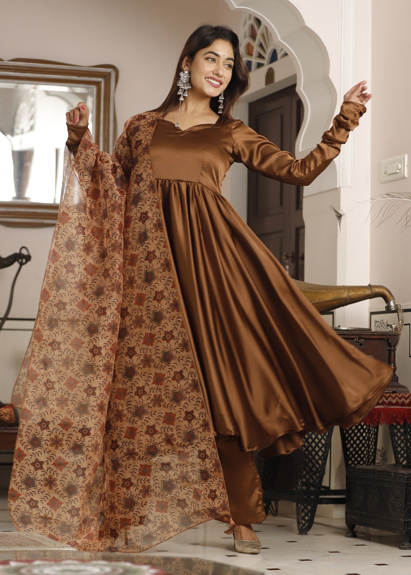 Women's Brown Silk Anarkali Set Brown / S | Trendia Global Women's Brown Silk Anarkali Set Brown / S | Trendia Global