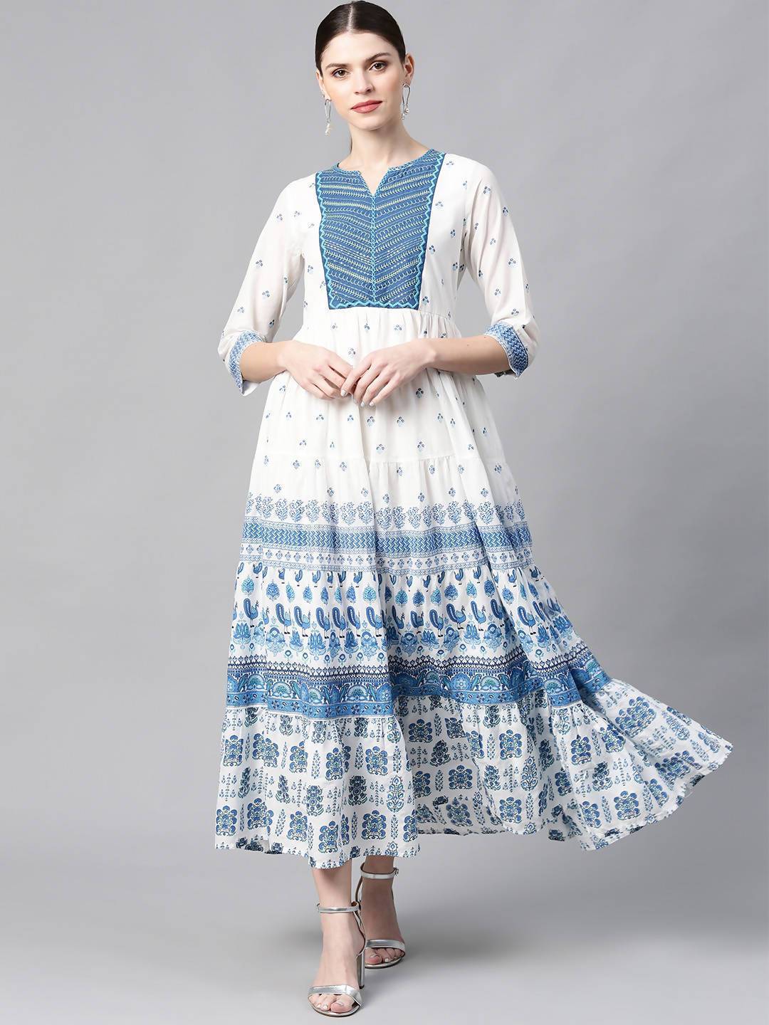 Buy_Women's_Blue_Cotton_Printed_Tiered_Dress_Online_Trendia