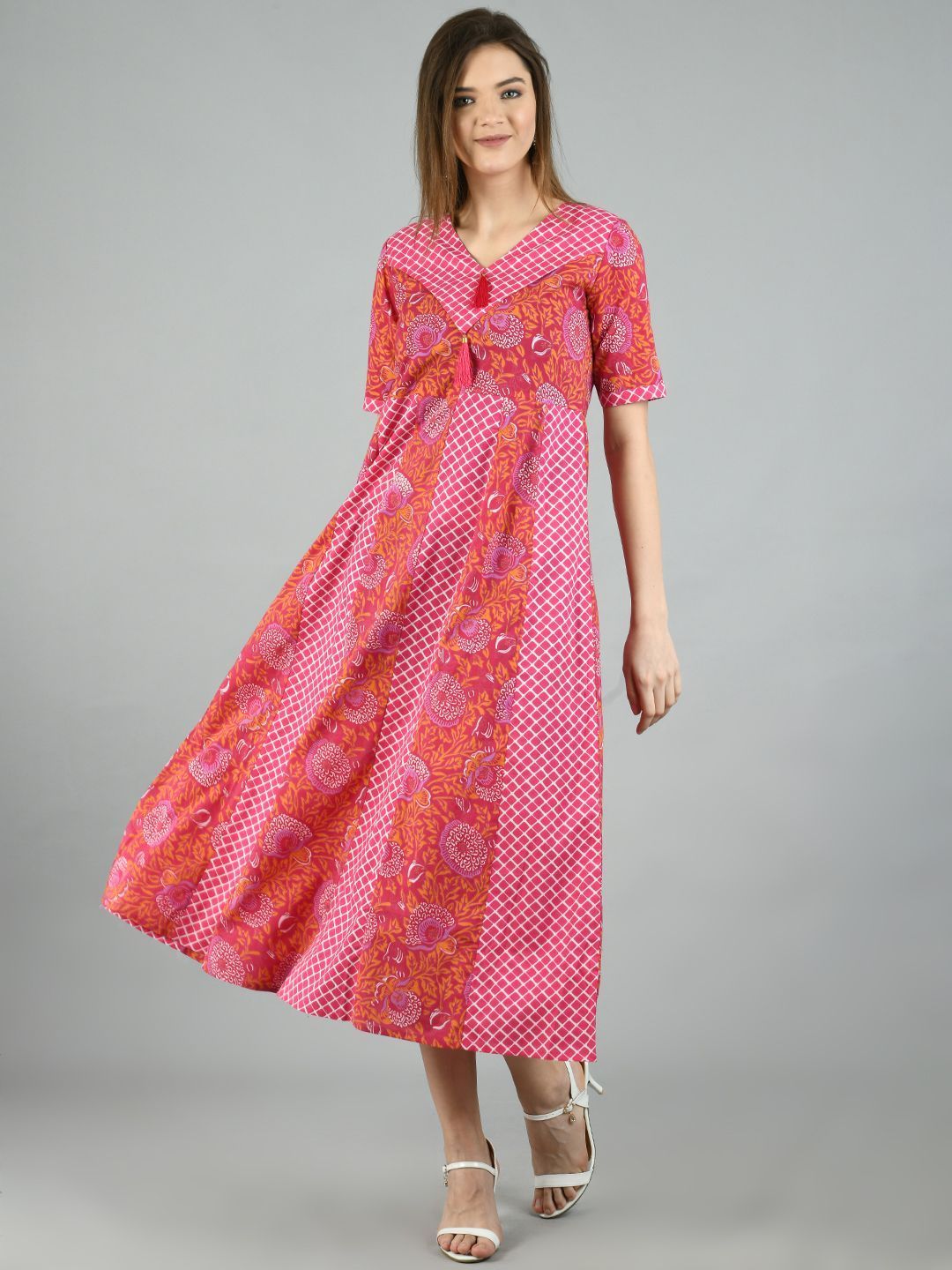 Women's Pink Cotton Printed Half Sleeve V Neck Casual Dress - Myshka