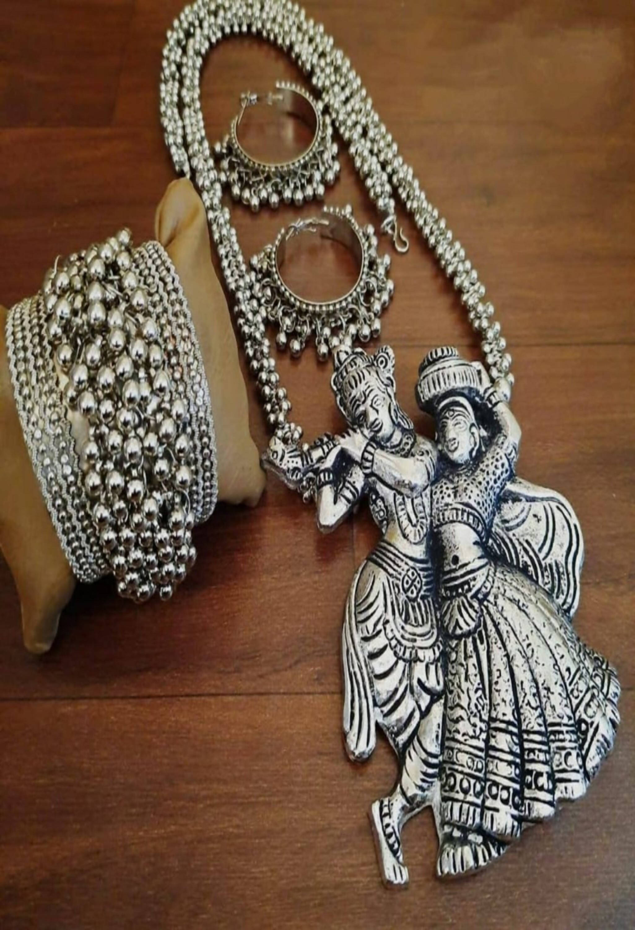 Johar Kamal German Silver Oxidised Necklace Radha Kishan Design Combo Set Jkms_146