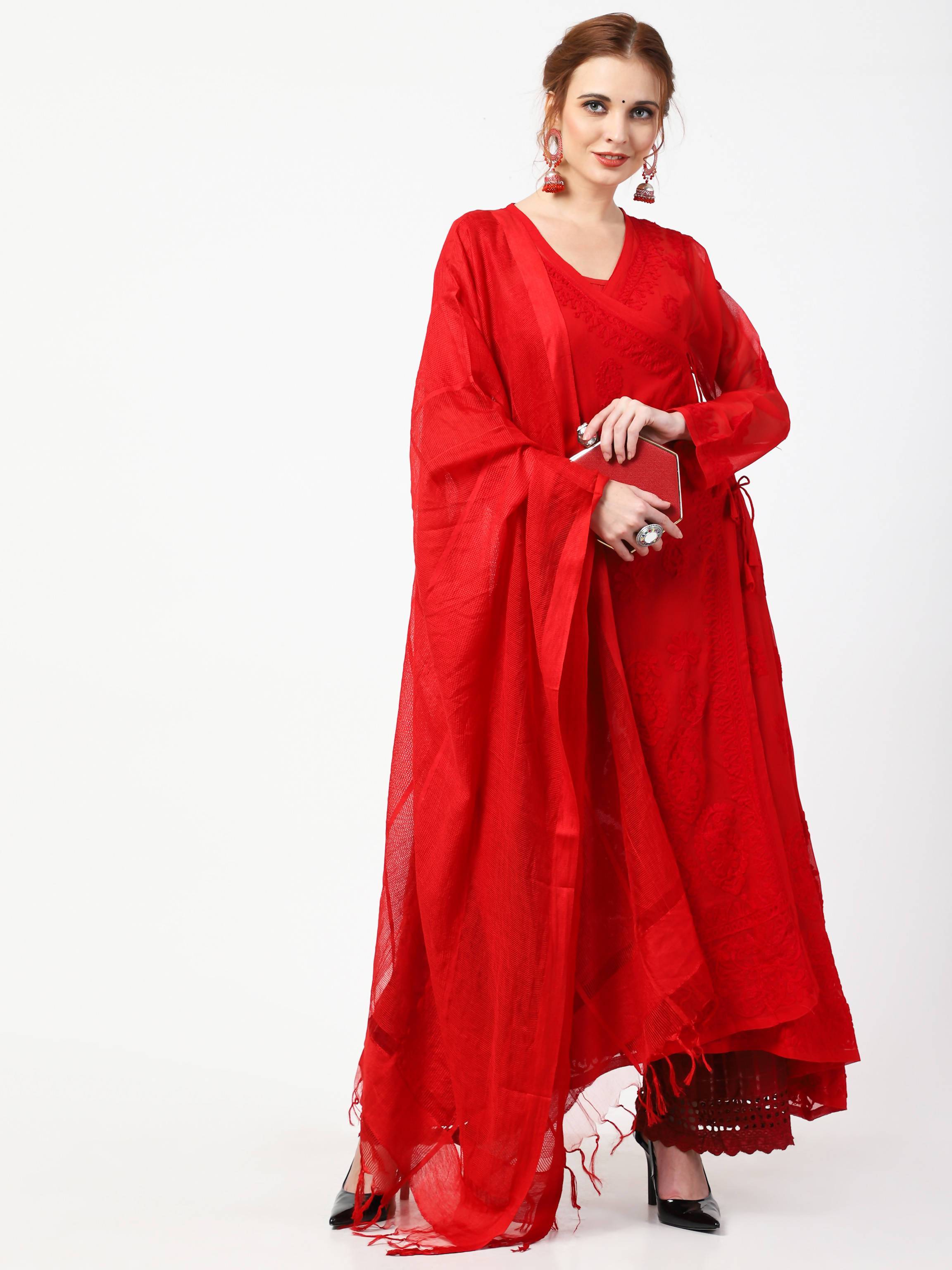 Women's Red Chiffon Chikankari Anarkali Long Kurta Dress - Cheera