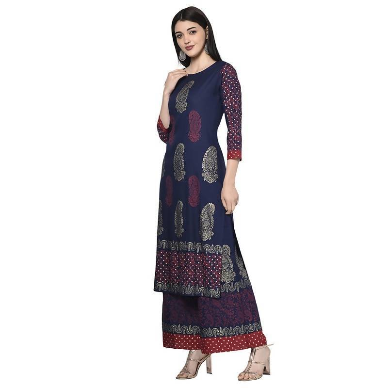 Women's Navy Blue Rayon Block print straight kurt