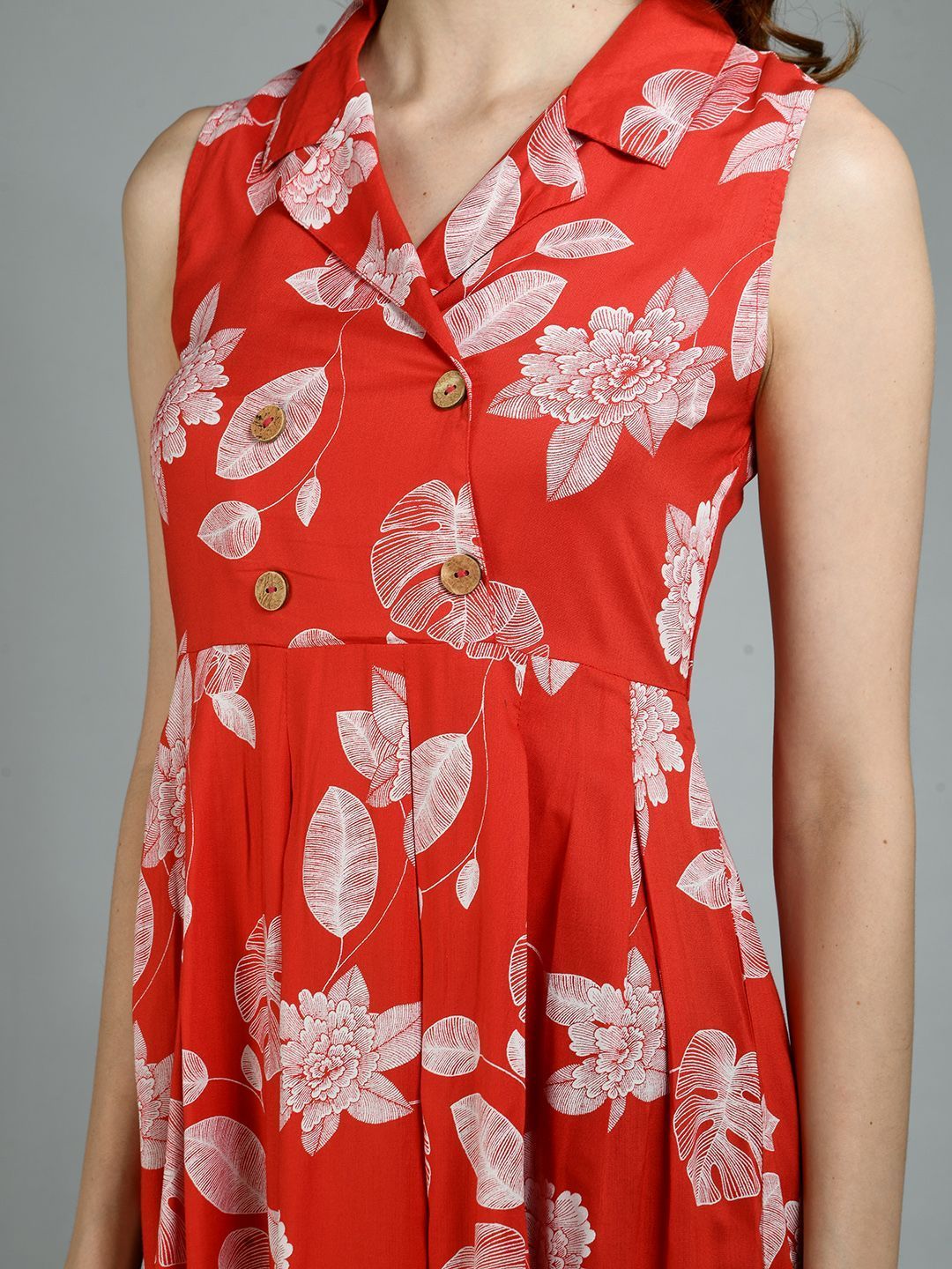 Women's Red Rayon Printed Sleeveless Collar Neck Casual Dress - Myshka