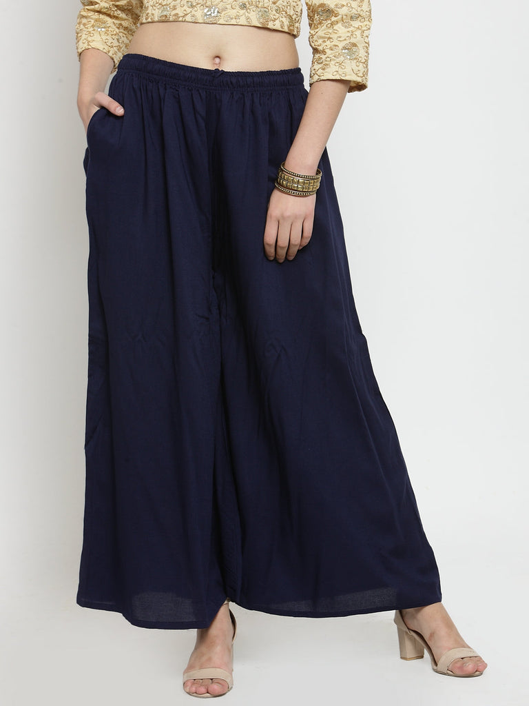Women's Navy Blue Solid Rayon Sharara