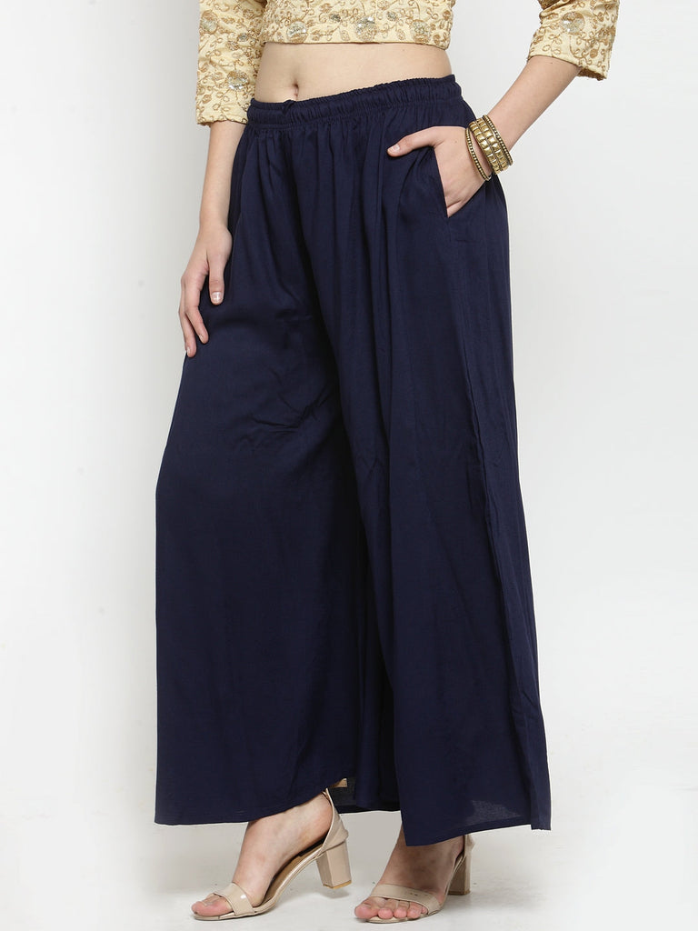 Women's Navy Blue Solid Rayon Sharara