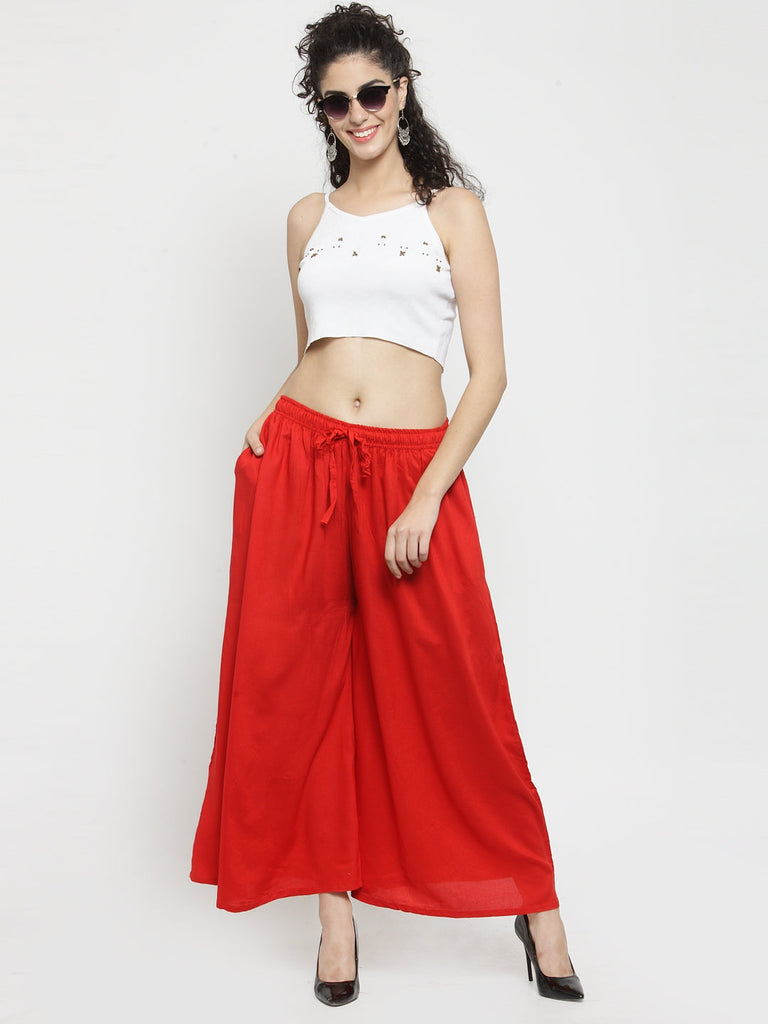 Women's Red Solid Rayon Sharara