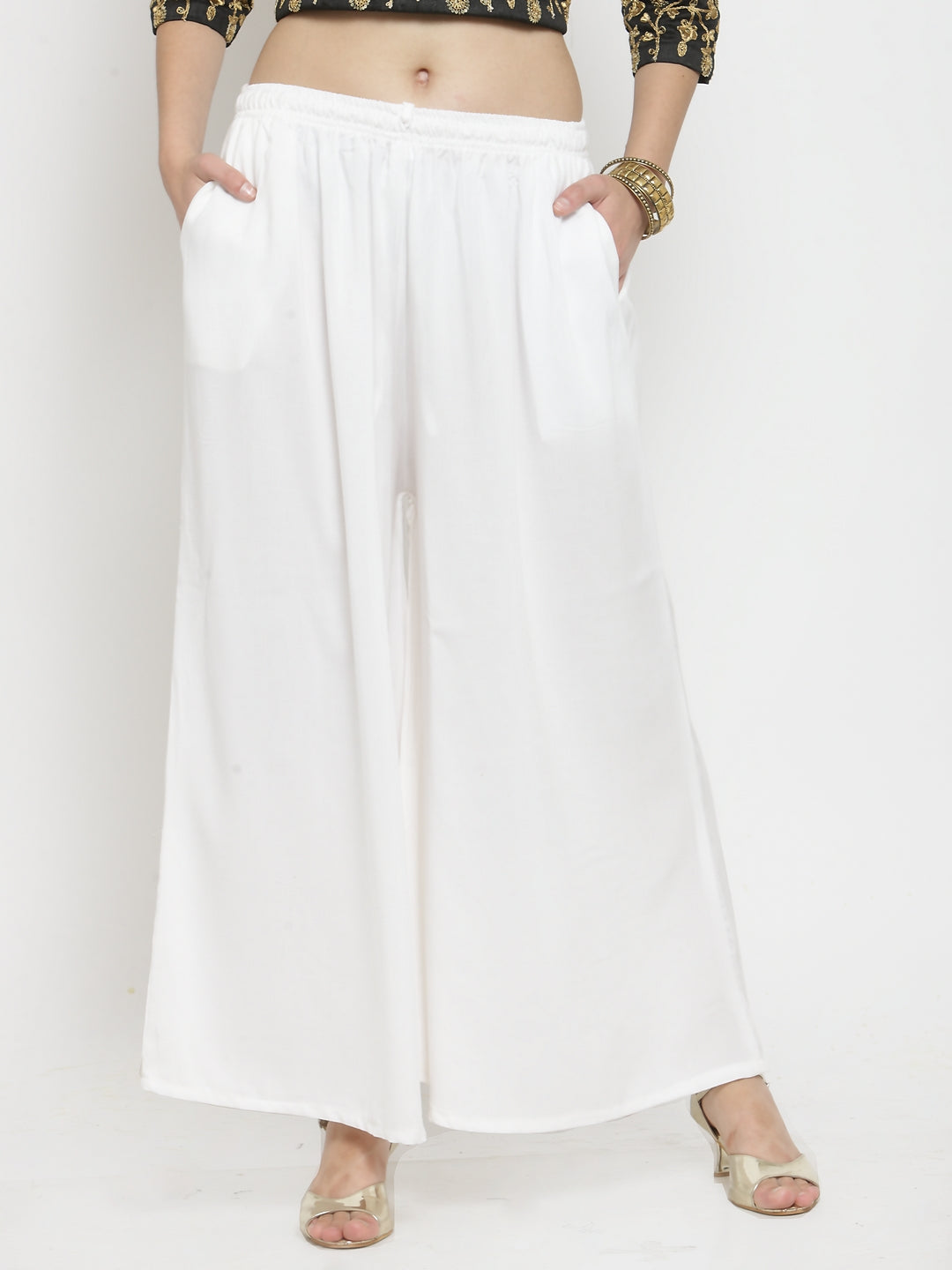 Women's Off-White Solid Rayon Sharara - Wahe-NOOR