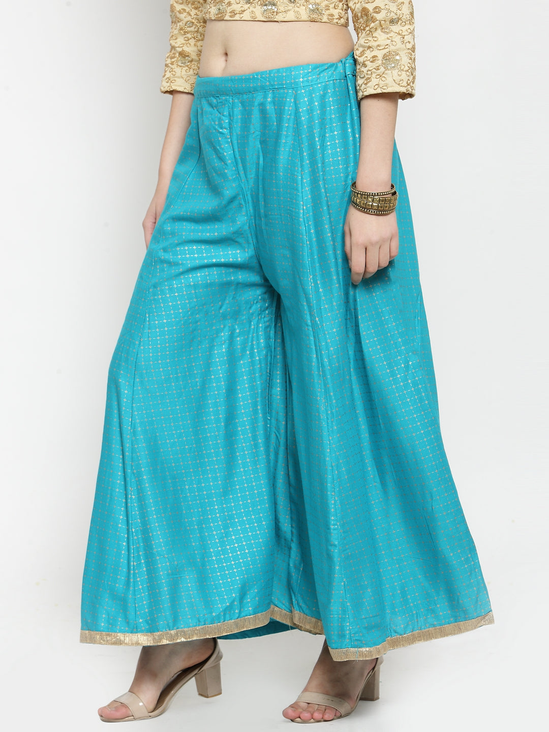Women's Turquoise Printed Rayon Wide Leg Palazzo - Wahe-NOOR