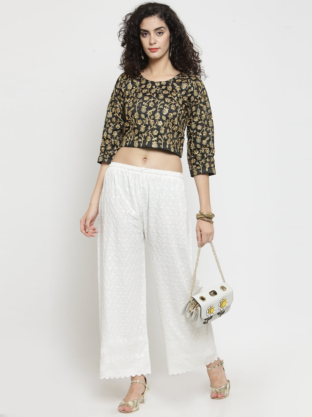 Women's Off-White Full Chikankari Rayon Palazzo