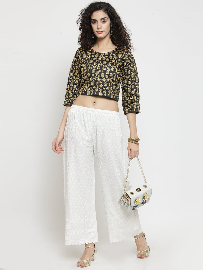 Women's Off-White Full Chikankari Rayon Palazzo