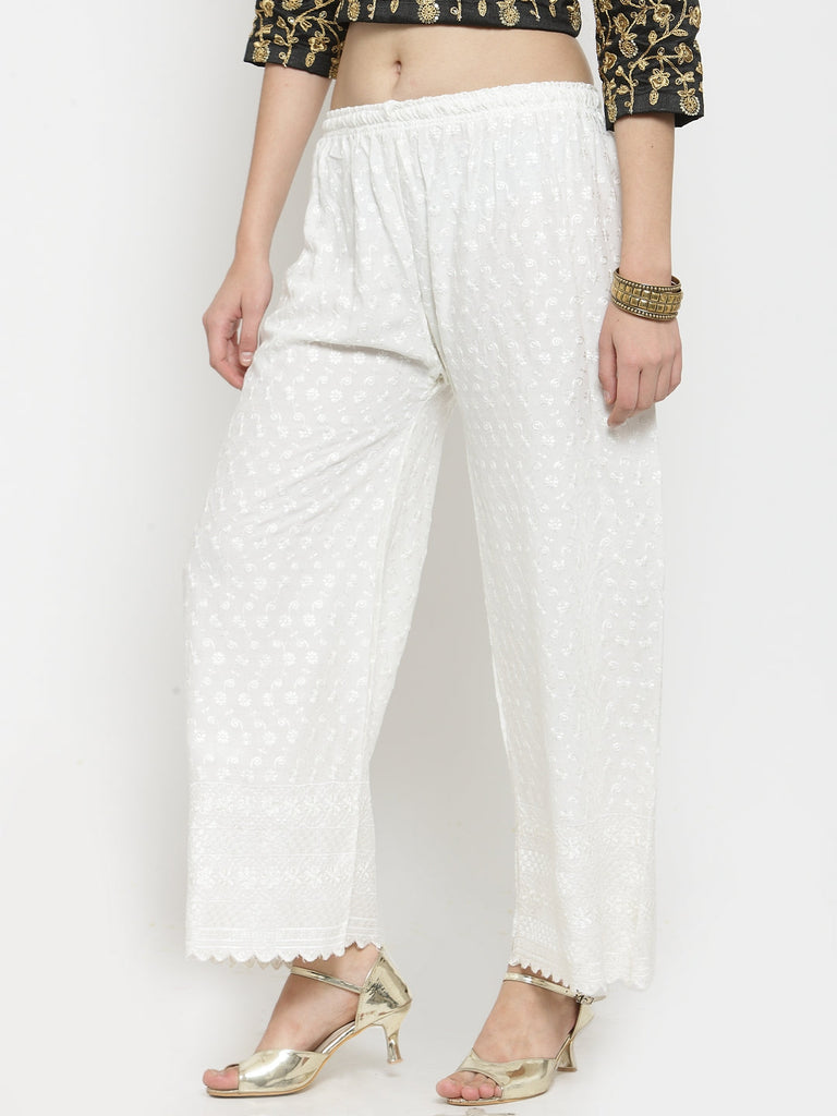 Women's Off-White Full Chikankari Rayon Palazzo