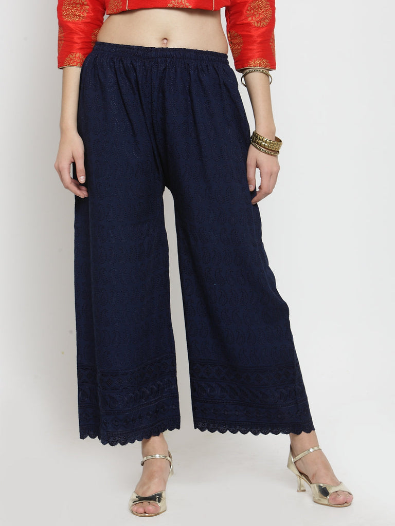 Women's Navy Blue Full Chikankari Rayon Palazzo