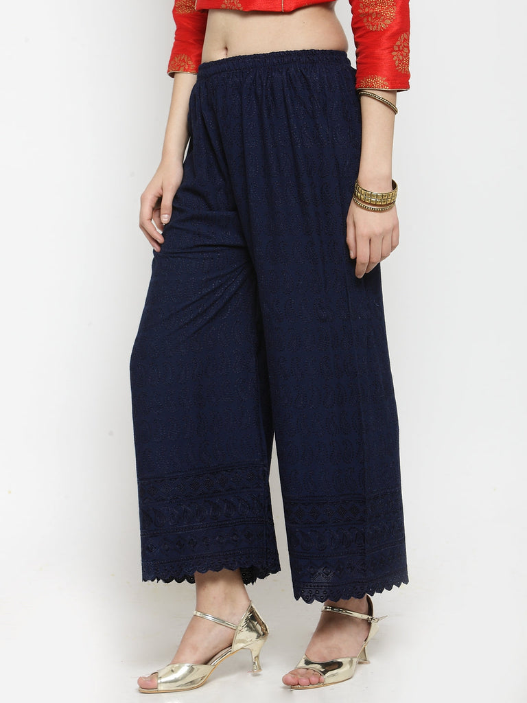 Women's Navy Blue Full Chikankari Rayon Palazzo