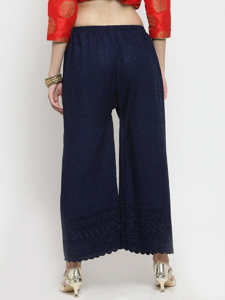 Women's Navy Blue Full Chikankari Rayon Palazzo