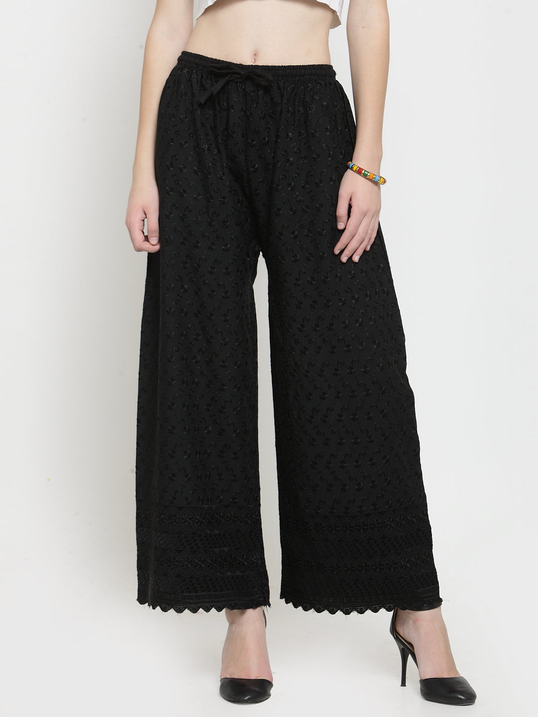 Women's Black Full Chikankari Rayon Palazzo