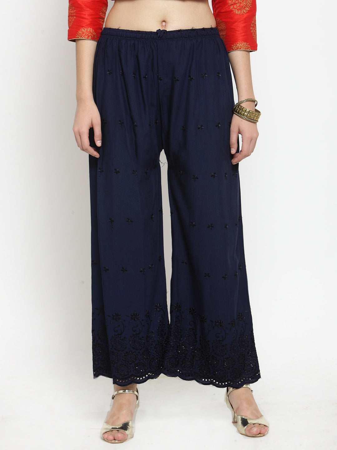 Women's Navy Blue Chikankari Rayon Palazzo