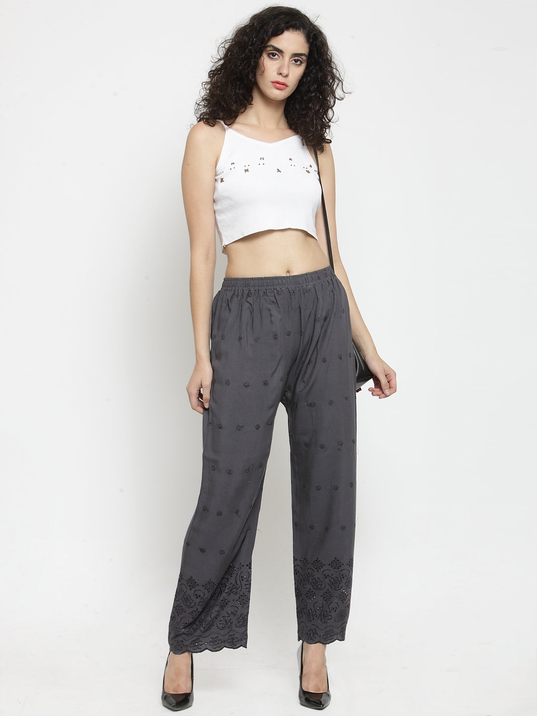 Women's Grey Chikankari Rayon Palazzo