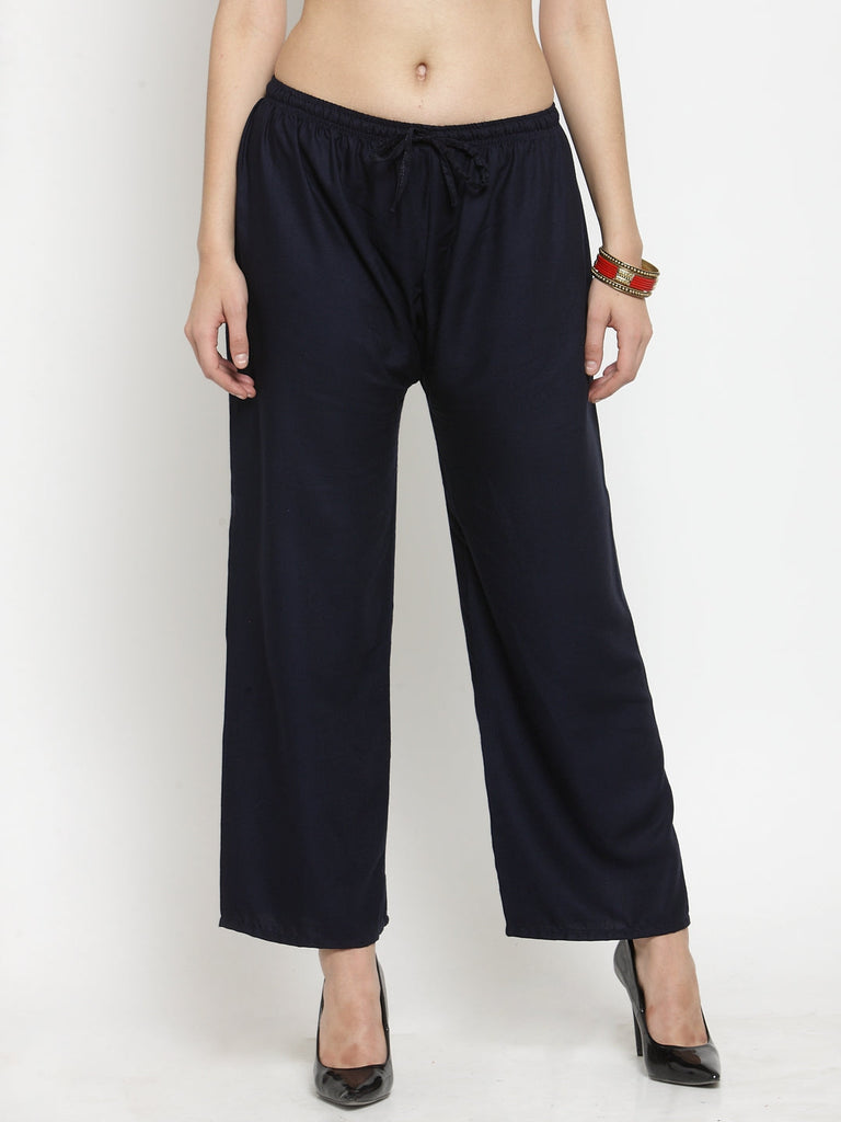 Women's Navy Blue Solid Rayon Palazzo