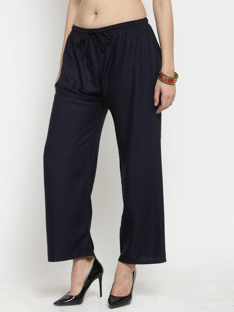 Women's Navy Blue Solid Rayon Palazzo