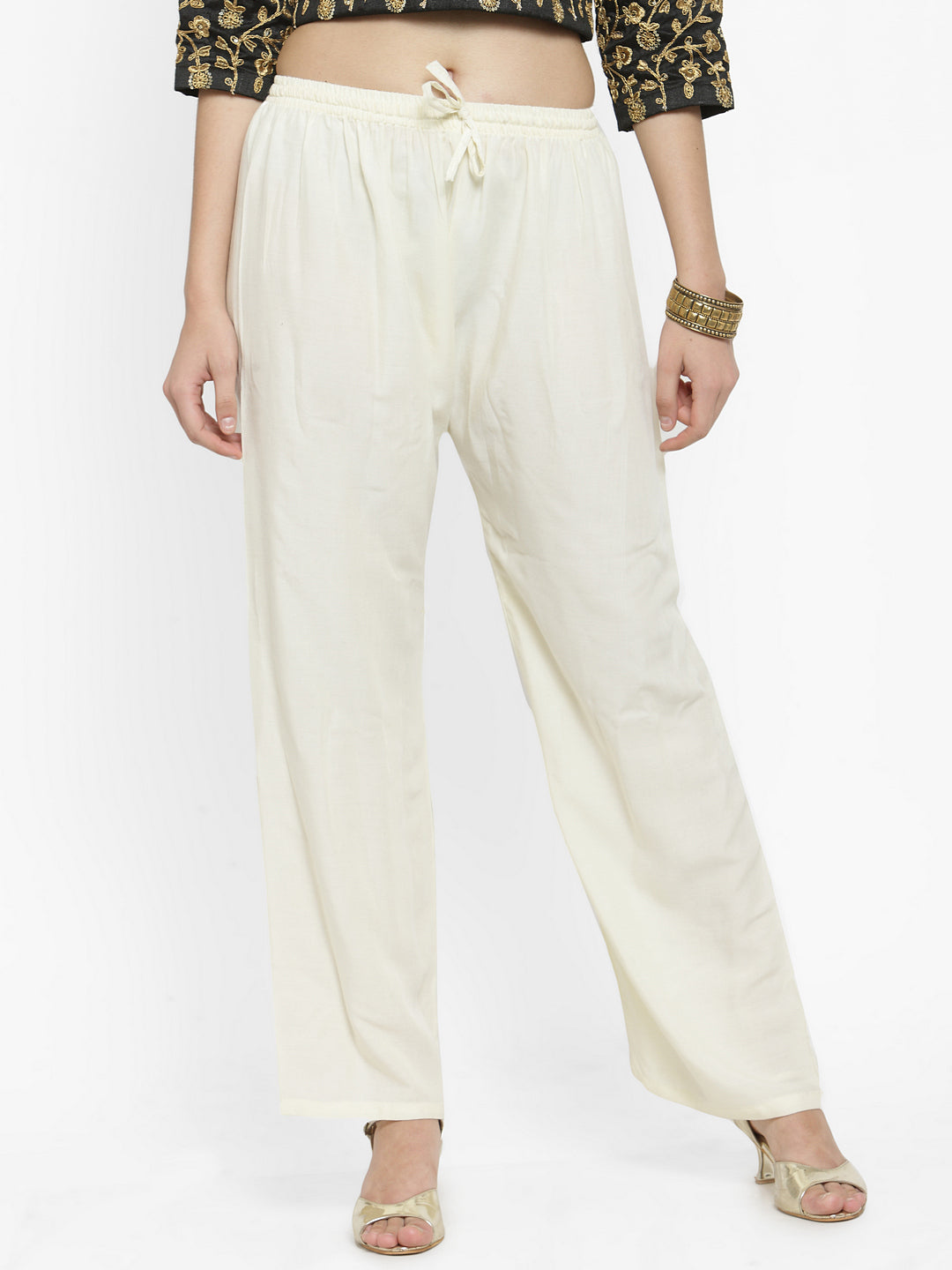 Women's Off-White Solid Rayon Palazzo - Wahe-NOOR