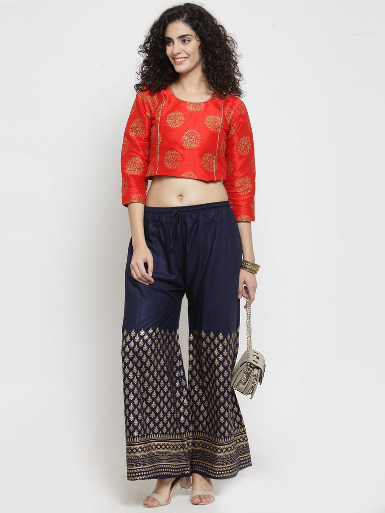 Women's Navy Blue Printed Rayon Palazzo