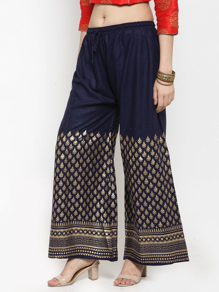 Women's Navy Blue Printed Rayon Palazzo
