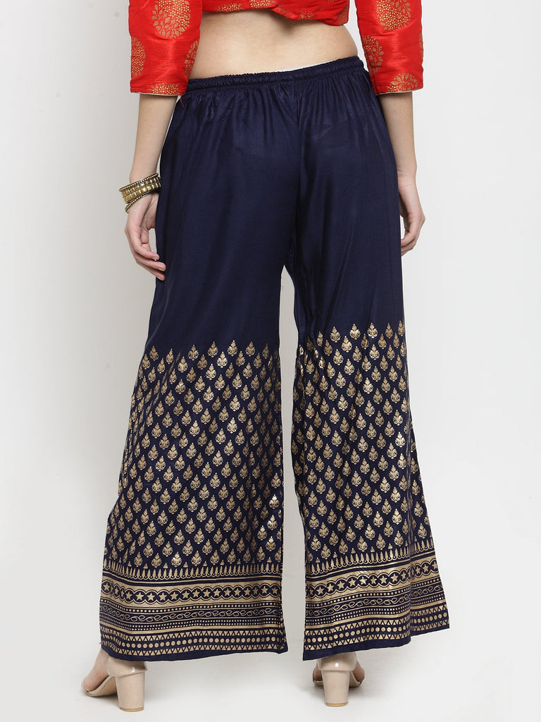 Women's Navy Blue Printed Rayon Palazzo