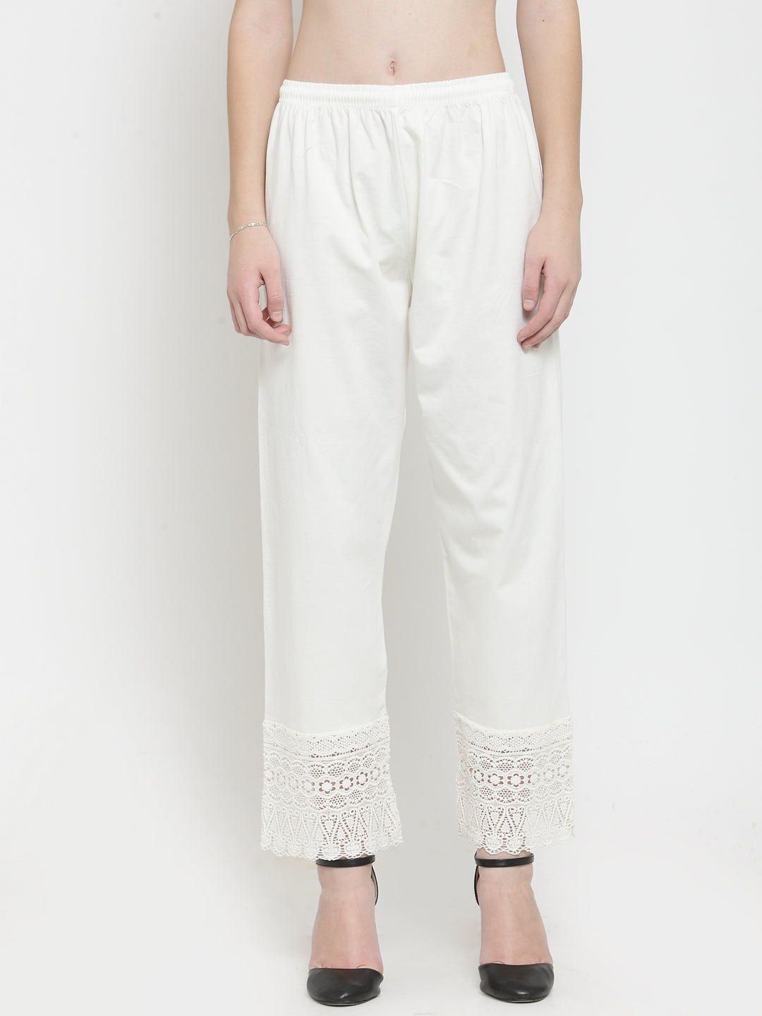 Women's Off-White Viscose Lace Palazzo - Wahe-NOOR